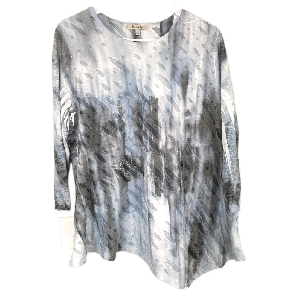 Jess & Jane Tunic Top Women L Abstract Texture 3/4 Sleeve USA Asym Hem 3D Motifs